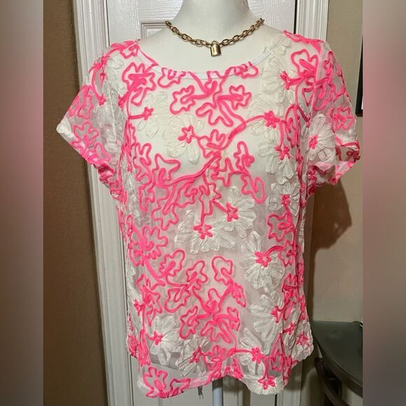 Anthropologie - Meadow Rue Floral Ribbon Sheer Blouse. Hot Pink Size Medium - Picture 2 of 7